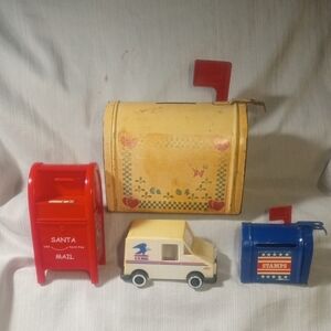 4pc Vintage Postal Lot: JSNY Mail Truck, Stamp Dispensers, Tin Mailbox Bank